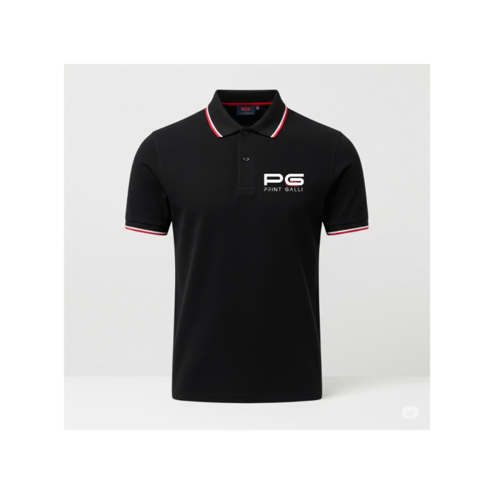 PG-UCB Style Black Cotton Polo T-Shirt with White & Red Tipping - Image 1