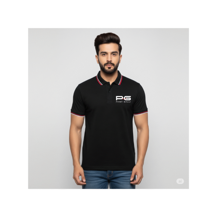 PG-UCB Style Black Cotton Polo T-Shirt with White & Red Tipping - Image 2