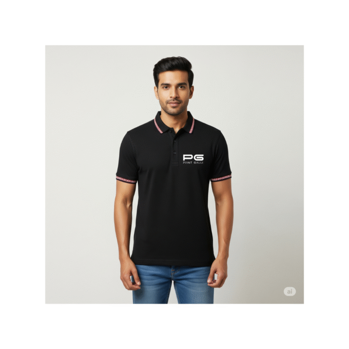 PG-Wild Horn Black Polo T-Shirt with Jacquard Collar - Image 2